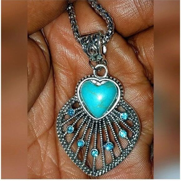 Vintage Ladies Boho Jewelry Set Hollow Leaf Shaped Inlay Heart Shape Stone - Picture 4 of 8